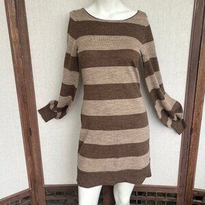Brown & Tan Striped Wool Blend Sweater Dress